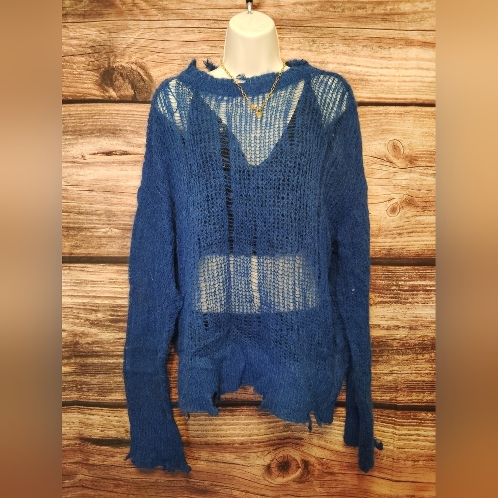 Zara Blue Distressed Knit Sweater Size Large